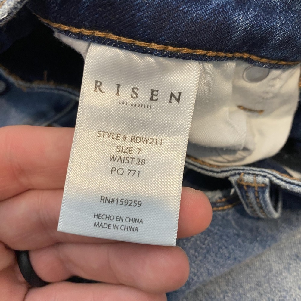 Risen Flare Jeans Womens 7/28 Blue Med Wash Mid Rise Distressed Fringe Hem - Picture 4 of 13